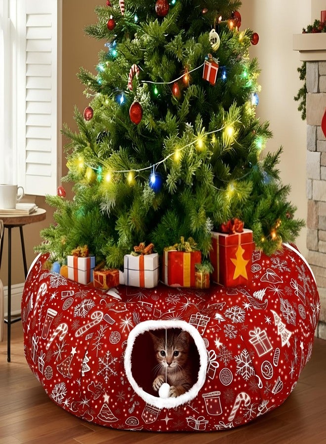 SilTriangle Cat Tunnel Christmas Tree Skirt Cat Donut Tunnel Bed for Indoor Cats with Ball Snowflake Collar Cats Cave for Small Medium Kitten Puppy Under Xmas Trees Decor Gift(Gift Box) - Image 1